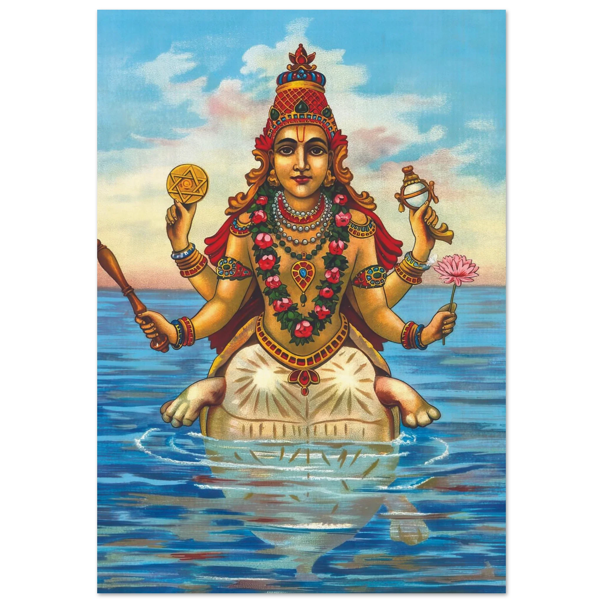 Kurma Avatar of Vishnu with four arms emerging from ocean, holding lotus, conch, chakra, and mace