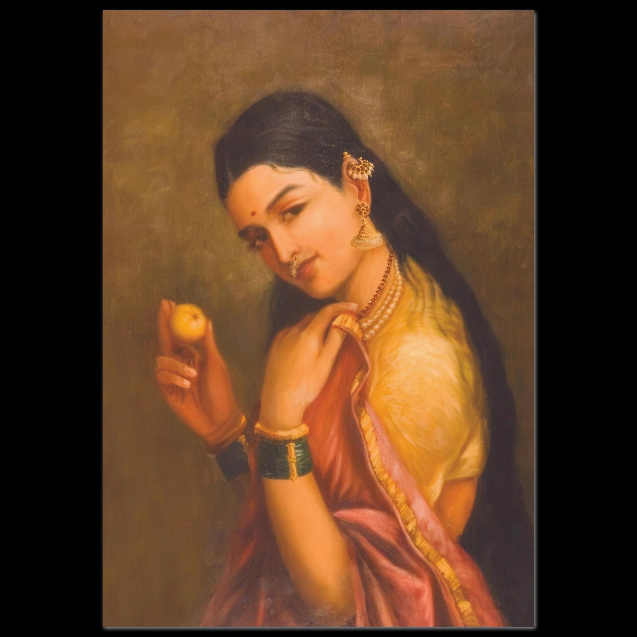 Oil portrait of a woman holding a fruit by Raja Ravi Varma.