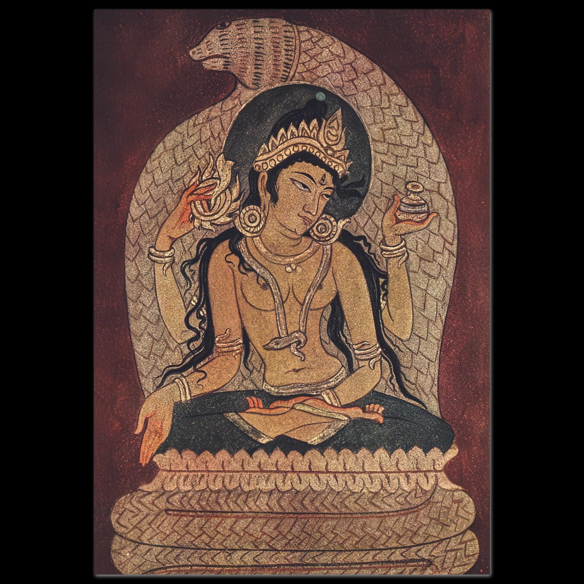 Painting of Manasa Devi with snakes and lotus, seated in a forest
