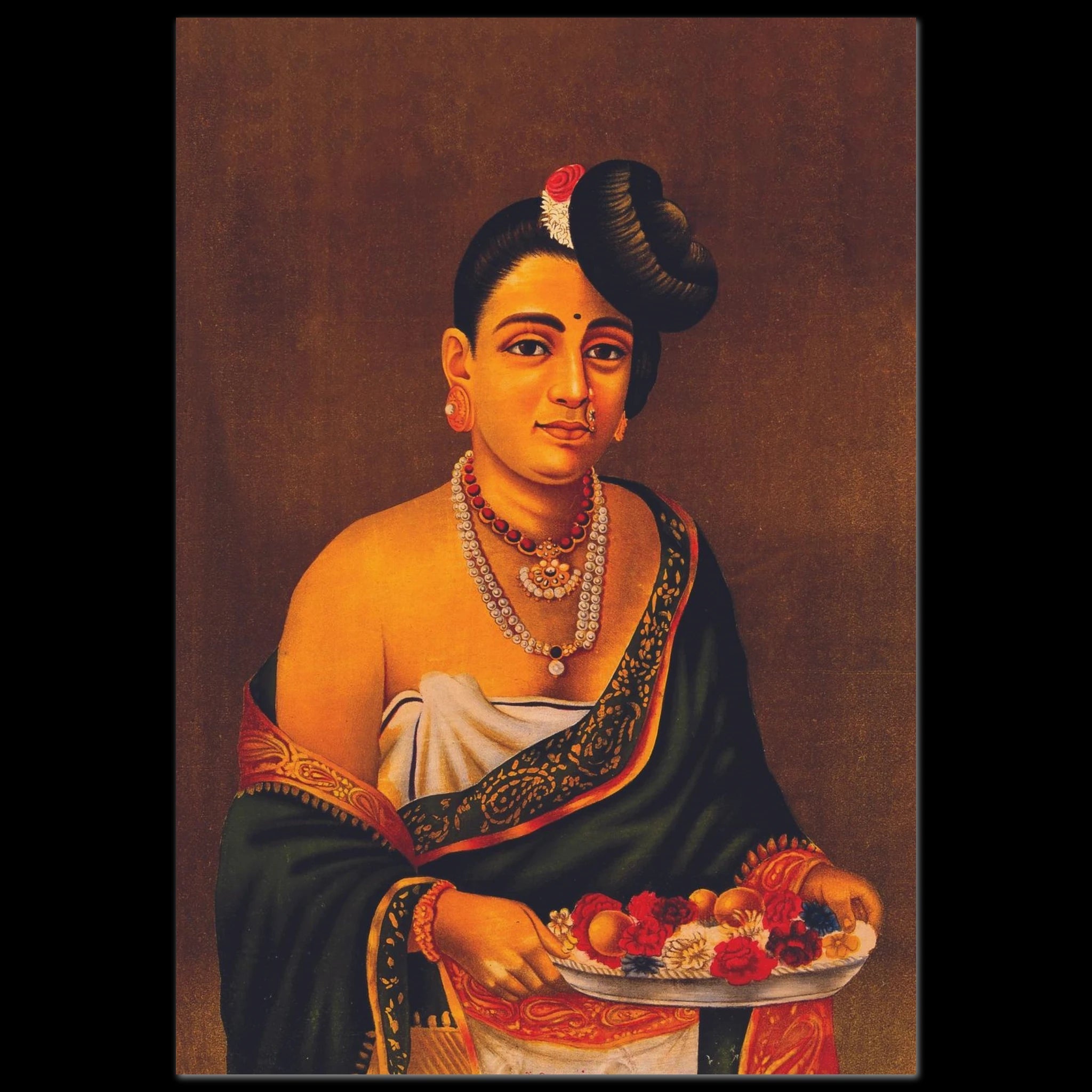 Painted portrait of a Nayar woman in sari holding a plate of flowers.