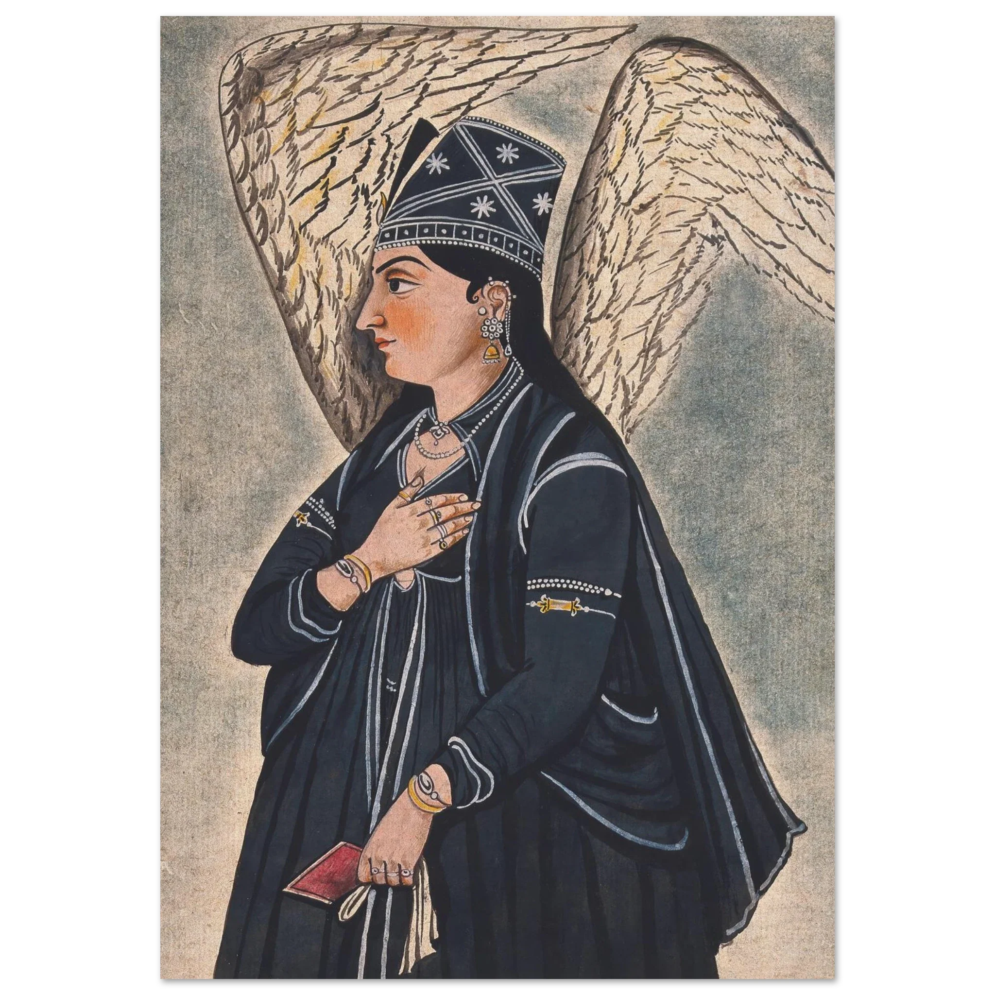 A woman with angelic wings in black attire holding a red book