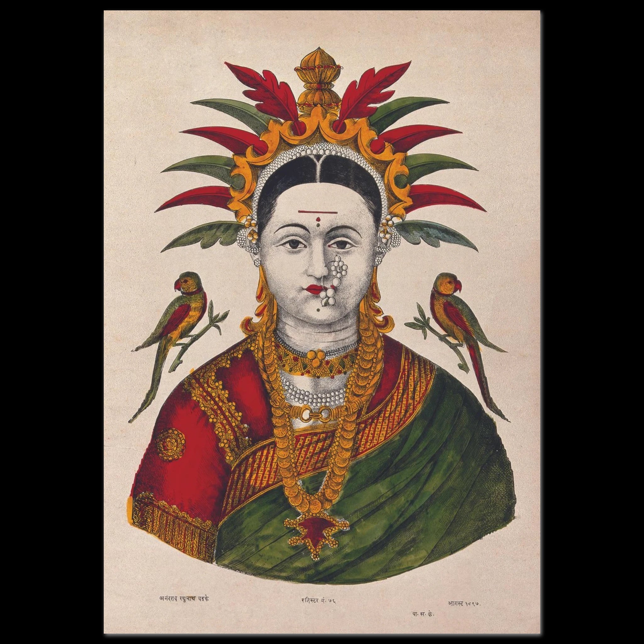 Mahalakshmi with parrots, wearing traditional red and green attire and golden crown with leafy plumes
