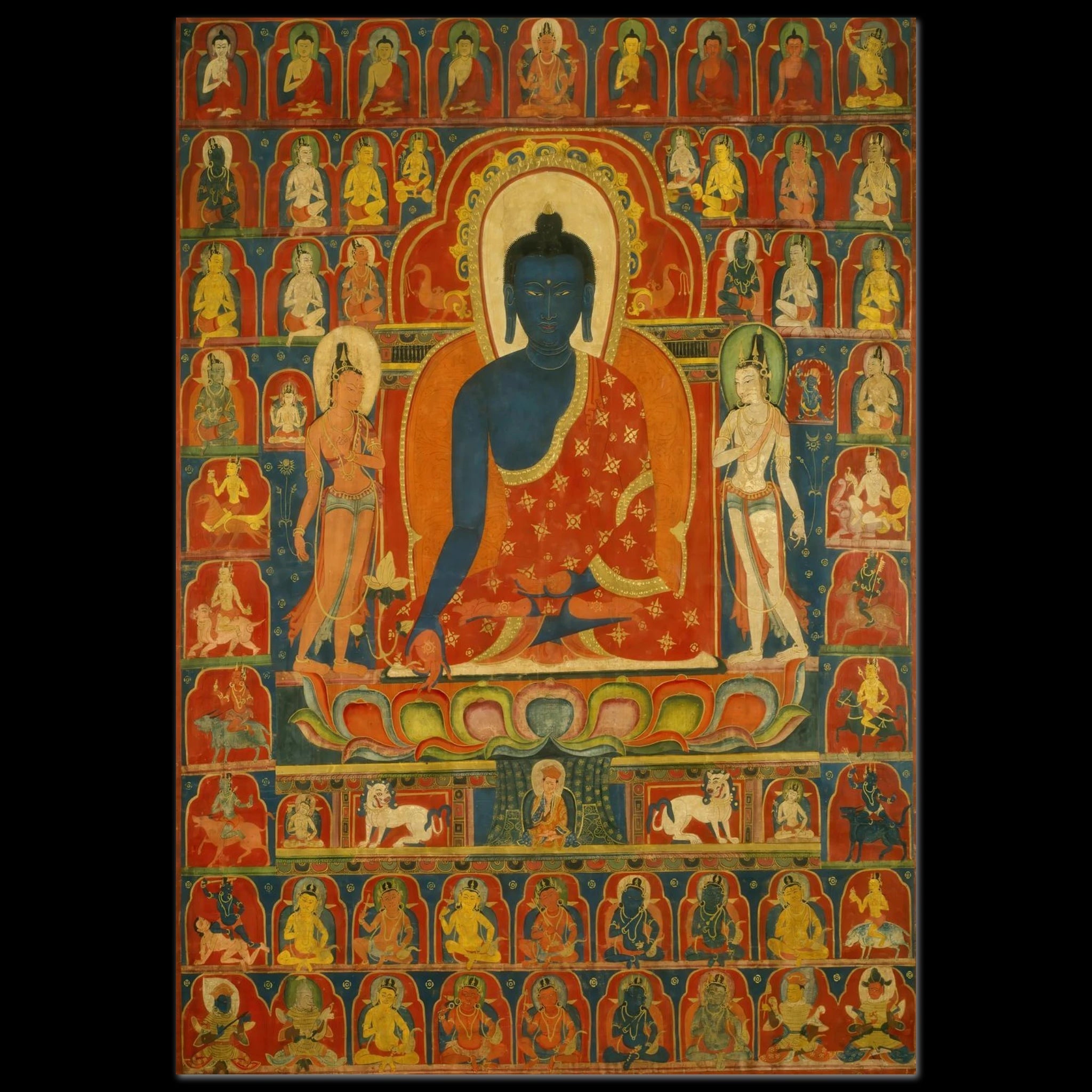 Tibetan thangka banner of the blue Medicine Buddha surrounded by multiple deities.