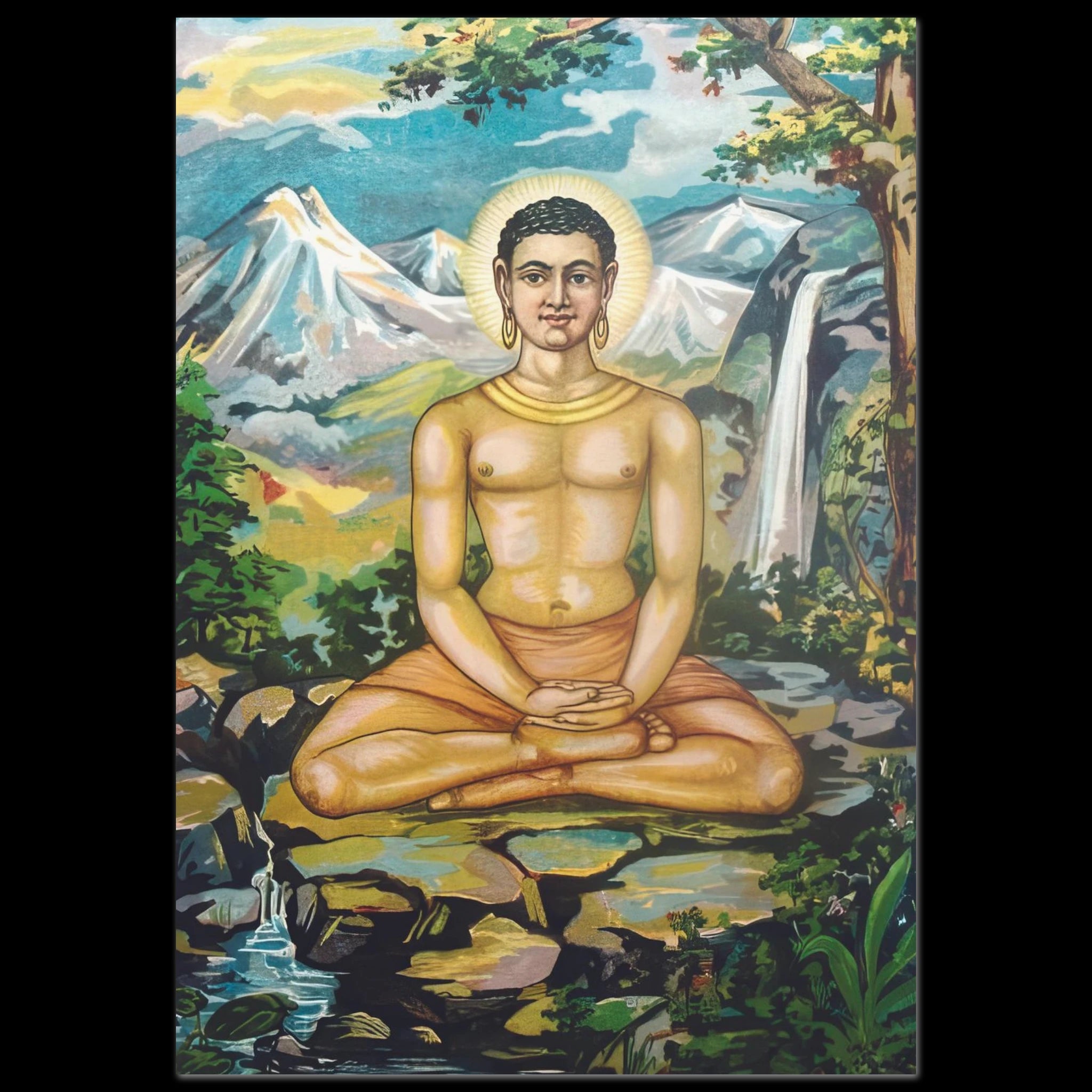 Mahatma Buddha seated on a rock with halo, mountains and waterfalls in the background