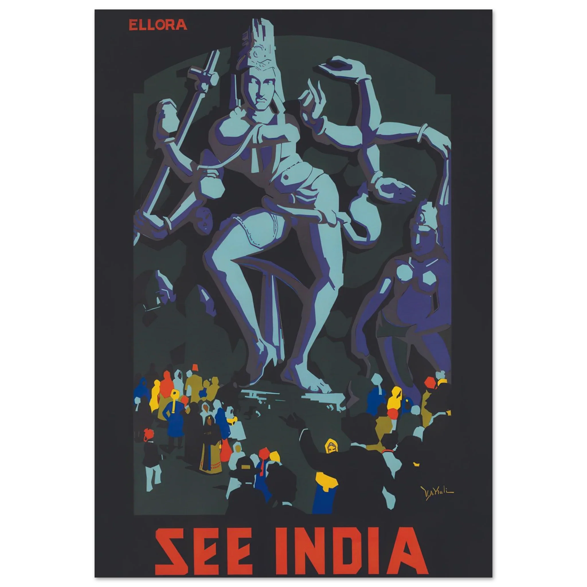 Vintage travel poster of Ellora caves with large stone sculpture of multi-armed deity and a crowd of onlookers