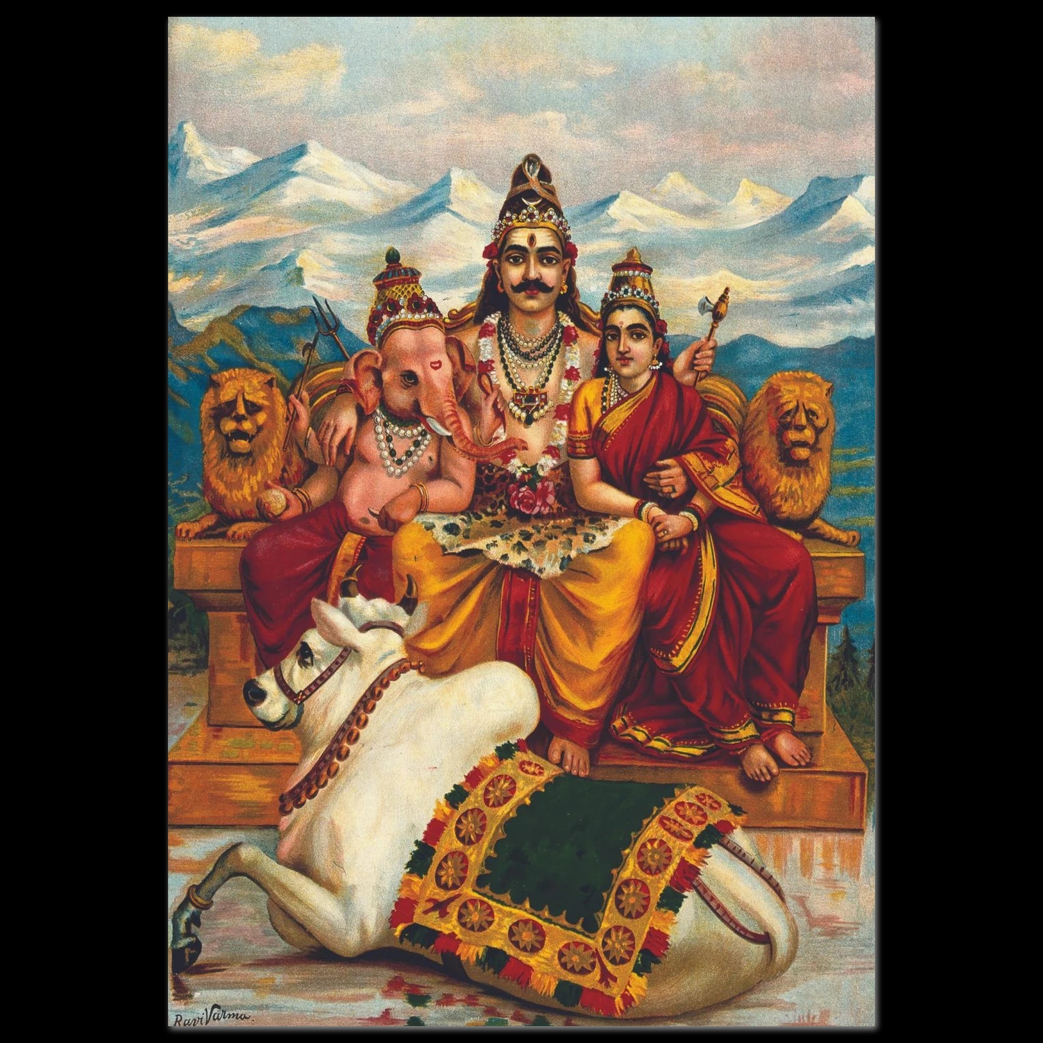 Three-bodied deities seated before snow-capped peaks, a bull at their feet.