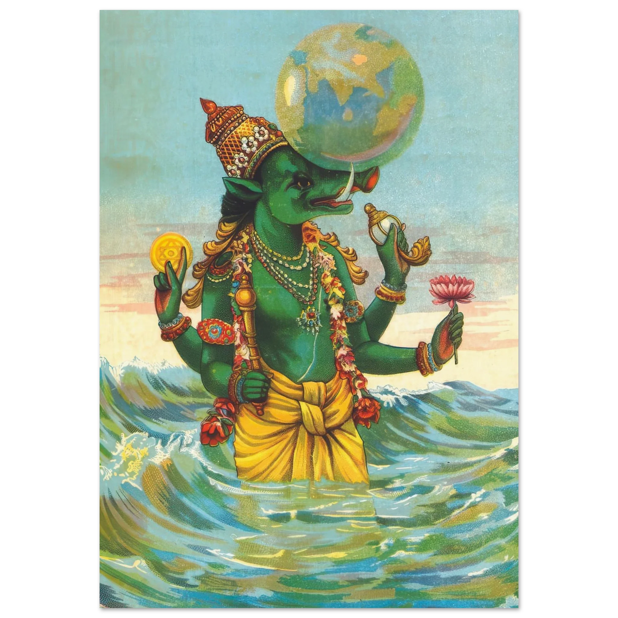 Varaha with green skin holding Earth, standing in the ocean