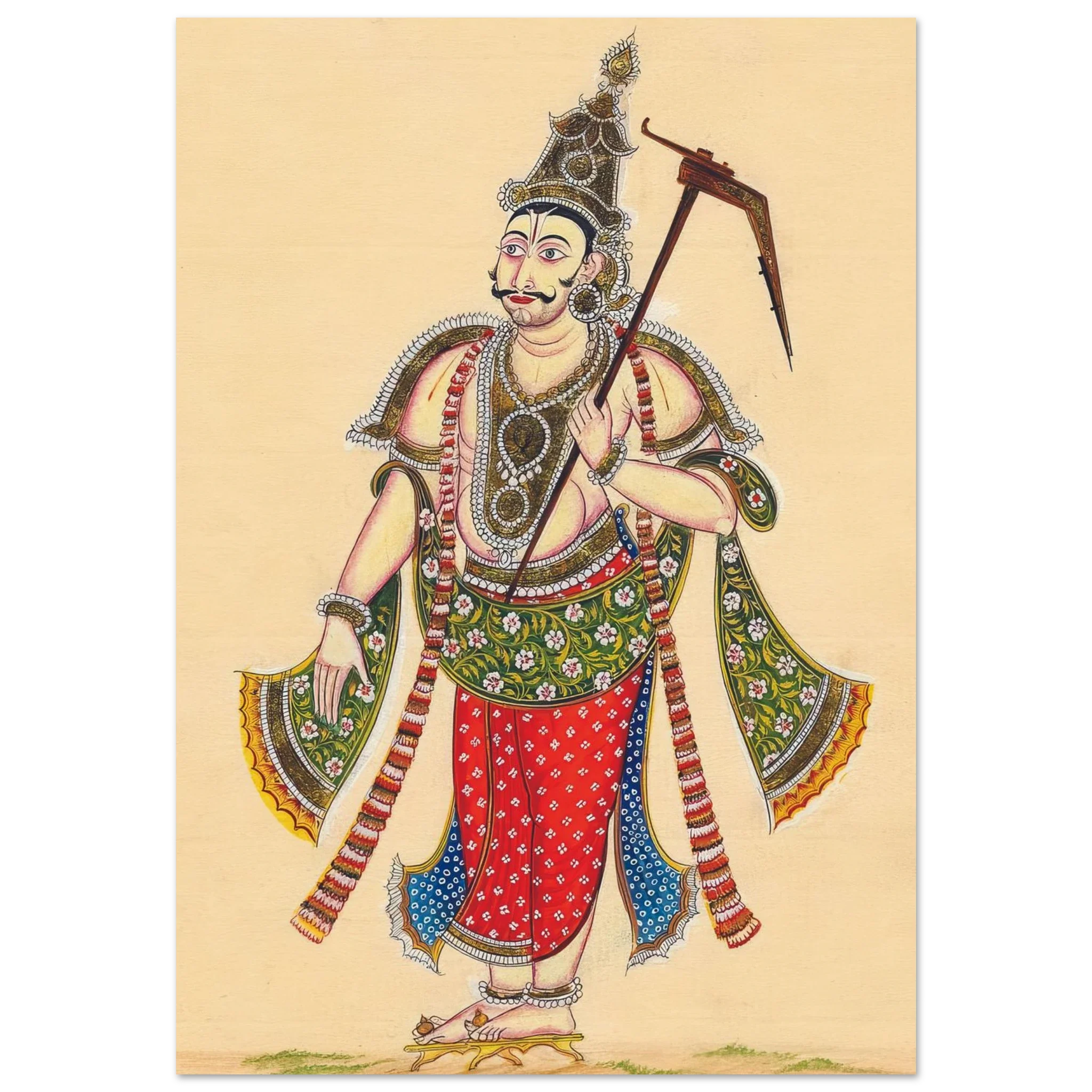 A colorful painting of Balarama holding a stick, adorned in divine attire