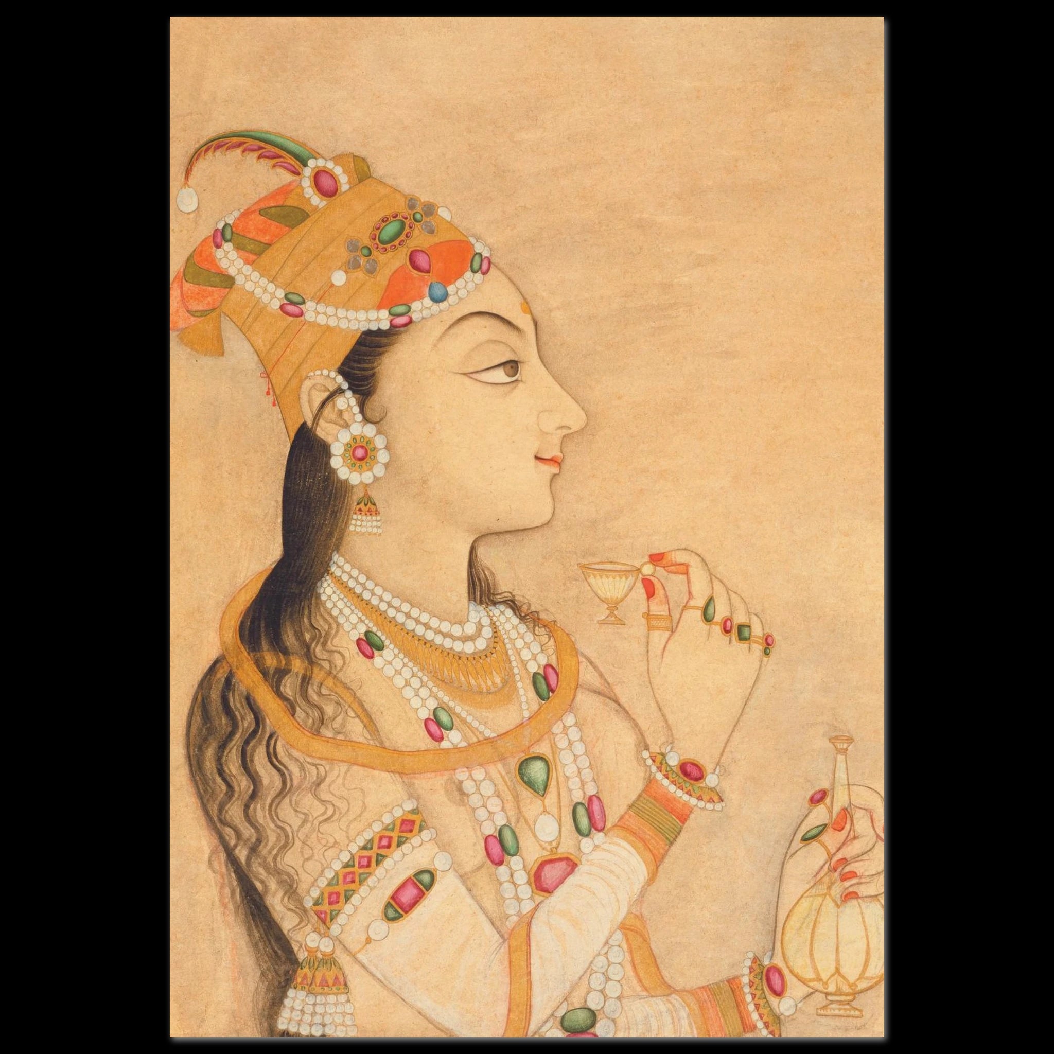 Mughal miniature profile of Empress Nur Jahan holding a small cup.