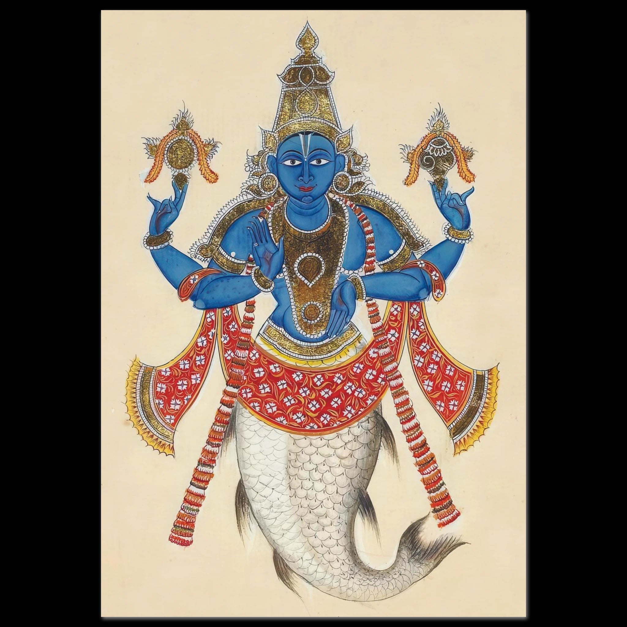 A blue-skinned deity with fish tail and four arms, holding sacred symbols and adorned in royal red and gold attire.