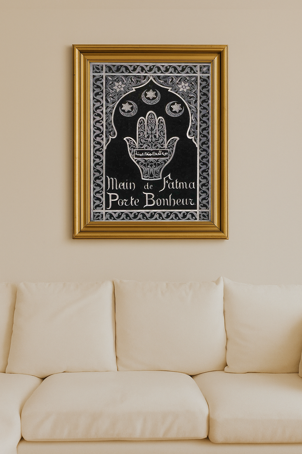 An ornate black and silver artwork of the Hand of Fatima surrounded by stars and crescent moons, with Arabic and French text.